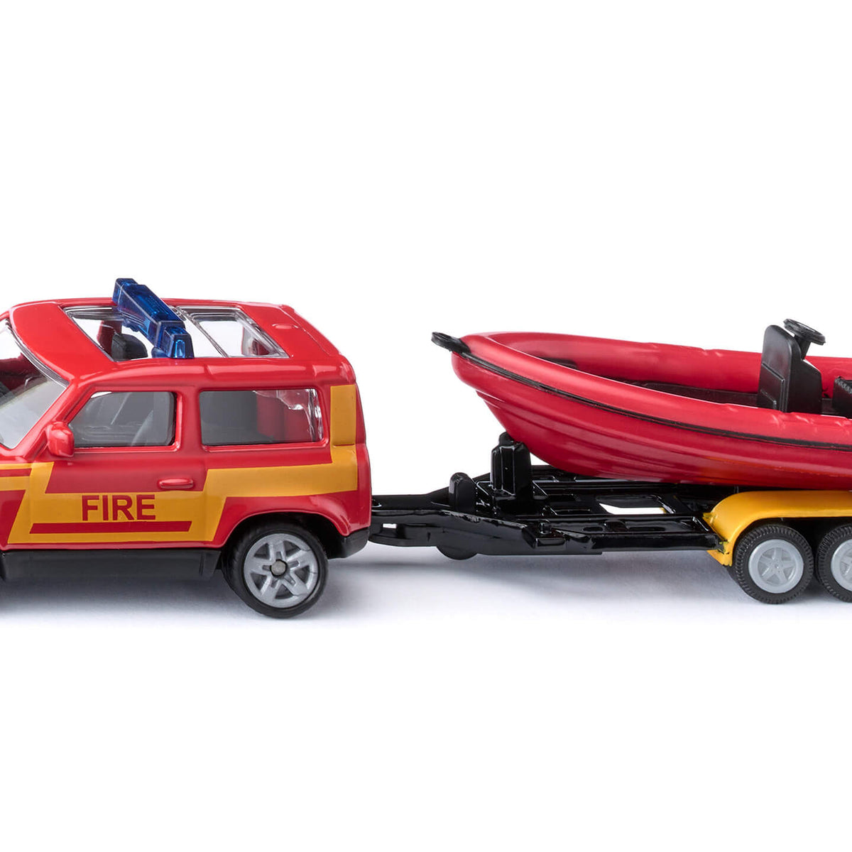 Siku 1608 – Land Rover Defender Camion De Pompier Avec Remorque Et Bateau – Modèle Métal 17 Cm