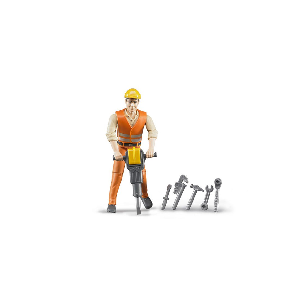 BRUDER 60020 Construction Worker Figure With Jackhammer & Accessories – 1:16 Scale