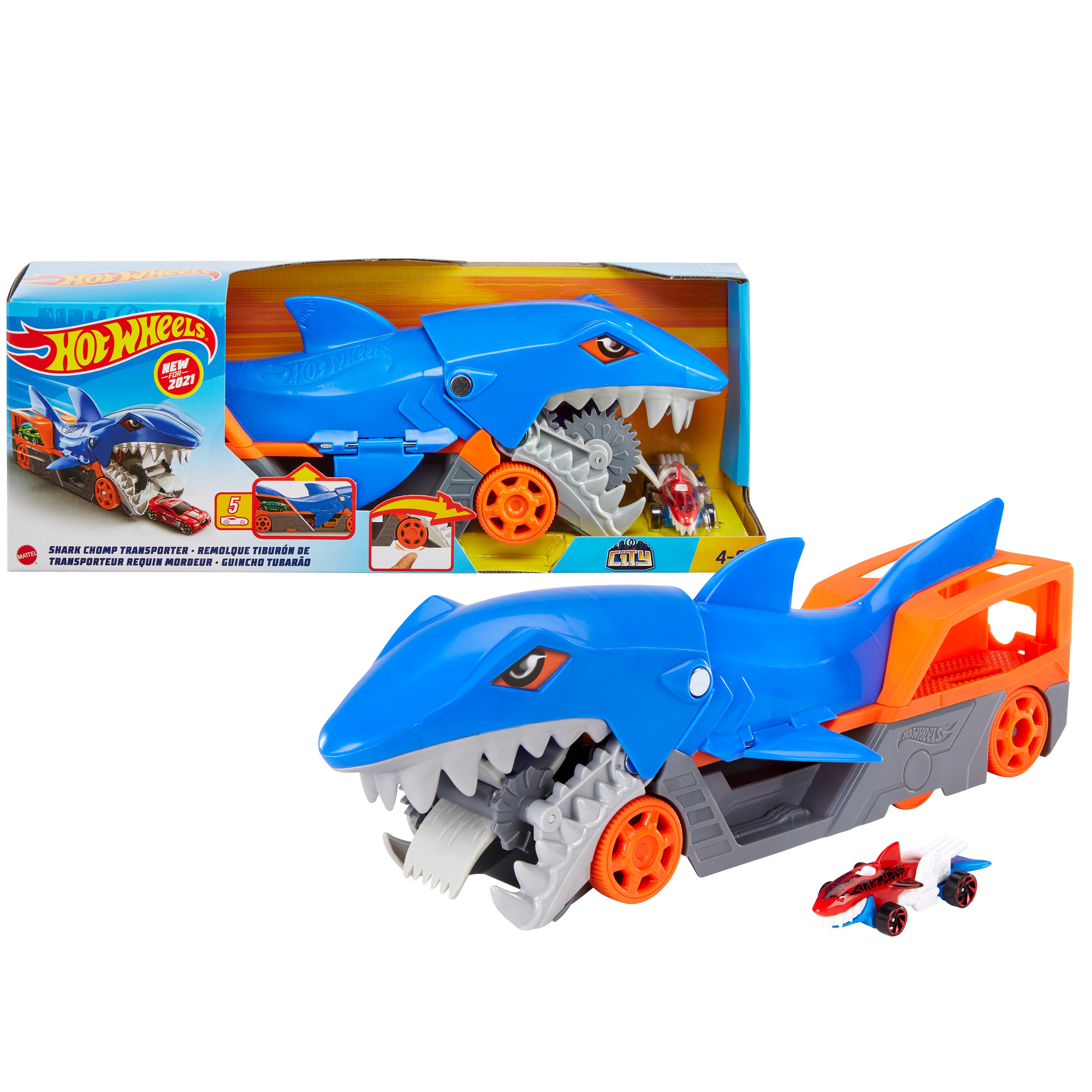 Hot Wheels Shark Chomp Transporter with a 1:64 Scale Vehicle – Toy